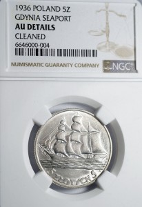 P0456 5 Złotych 1936 rok Polska (II RP) Żaglowiec 