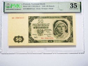 PB0438 50 Złotych 1948 rok Polska "Rybak", seria BB, PMG 35