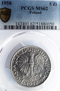 P0559 5 Złotych 1958 rok Polska (Rybak - chuda ósemka) mennicza