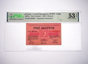 PB0440 5 Złotych 1939Komisja Finansowa w Łodzi, rzadki, stan AU53 EPQ