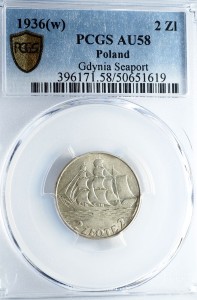 P0569 2 Złote 1936 rok Polska Żaglowiec PCGS AU58