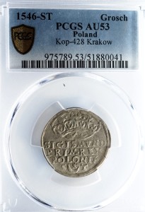 P0576 Grosz 1546 rok Zygmunt Stary, Kraków, AU53