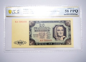 B1256 20 Złotych 1948 rok Polska seria KA, PCGS AU58 PPQ