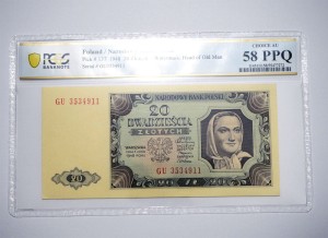 B1259 20 Złotych 1948 rok Polska seria GU, PCGS AU58 PPQ