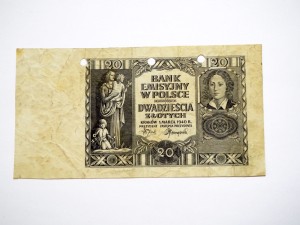 B1327 20 Złotych 1940 rok Polska seria H , bez podruku, skasowany