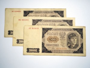 B1392 Zestaw 500 Złotych 1948 rok Polska, Górnik, seria AY, AS, BG, 3 sztuki