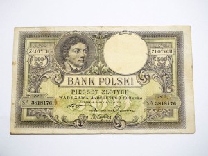 B0792 500 Złotych 1919 rok Polska seria SA Kościuszko